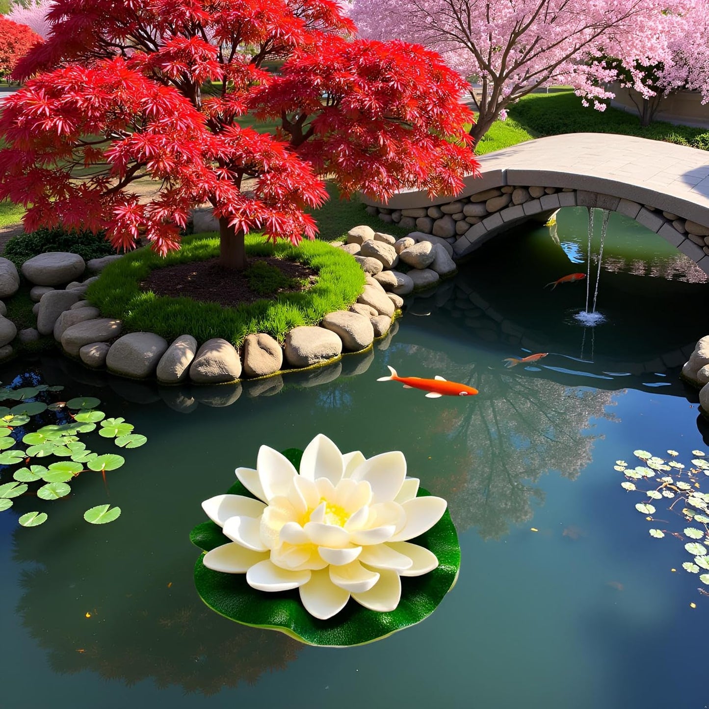 2Pcs White Artificial Floating Foam Lotus Flowers with Water Lily Pad Ornaments,Perfect for Patio Koi Pond Pool Aquarium Home Garden Wedding Party Holiday Decoration Water Gardens and Ponds