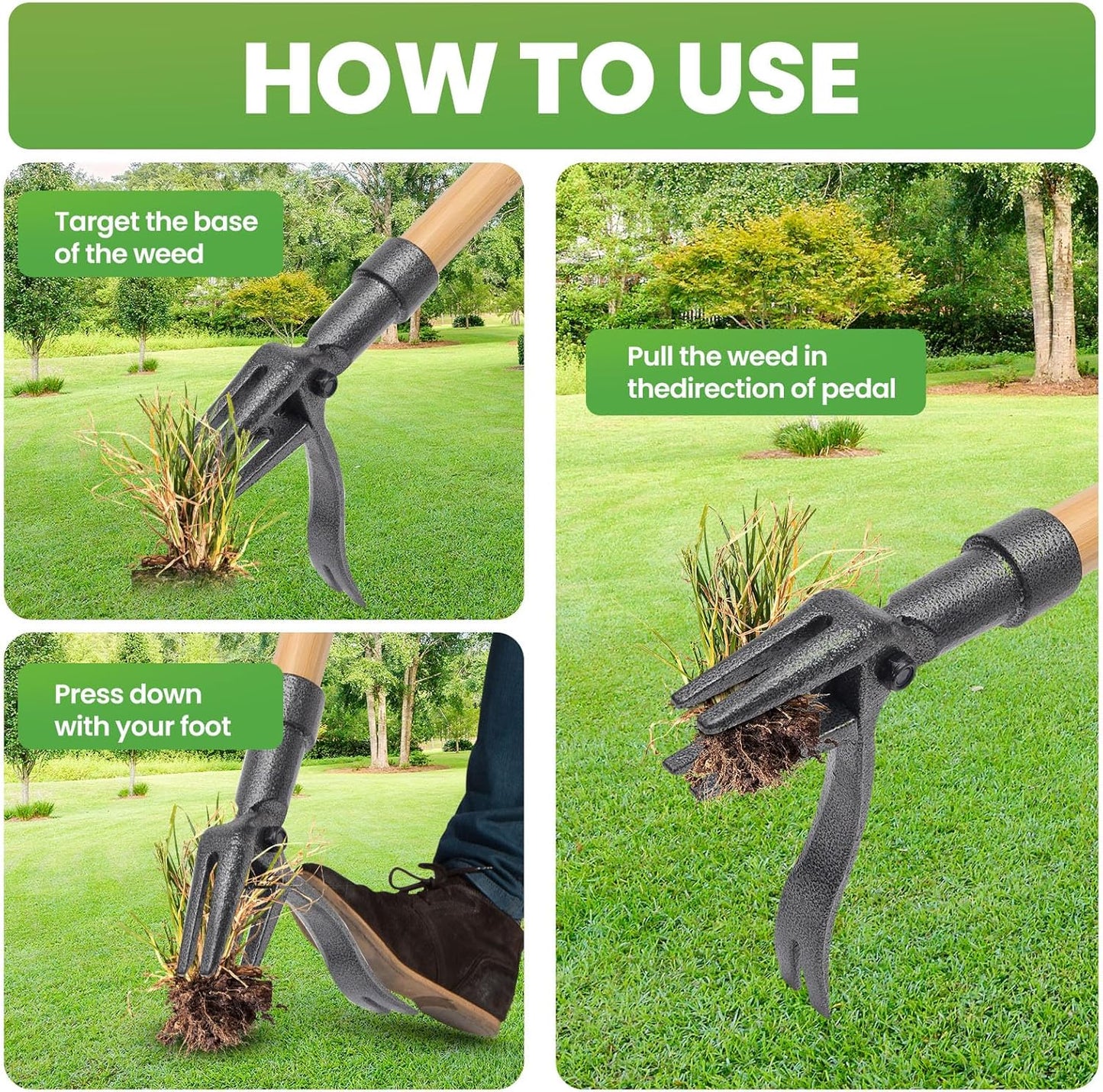 Weed Puller Tool Stand Up Weed Puller Tool with 3-Section Bamboo Handle & 4-Claw Steel Head Manual Weeder for Lawn and Garden (Bamboo)