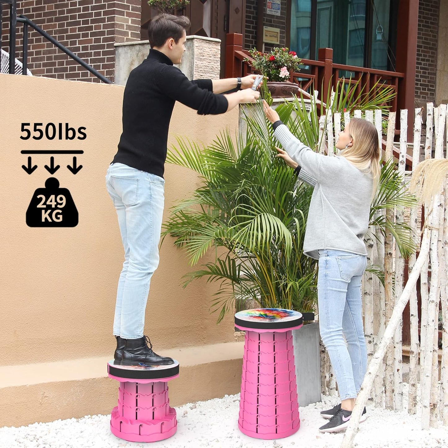 ALEVMOOM Upgraded Telescoping Collapsible Stool with Cushion, Folding Stool with Printing Portable Retractable Foldable Seat Max Load 550lbs for Adults Camping Fishing Outdoor