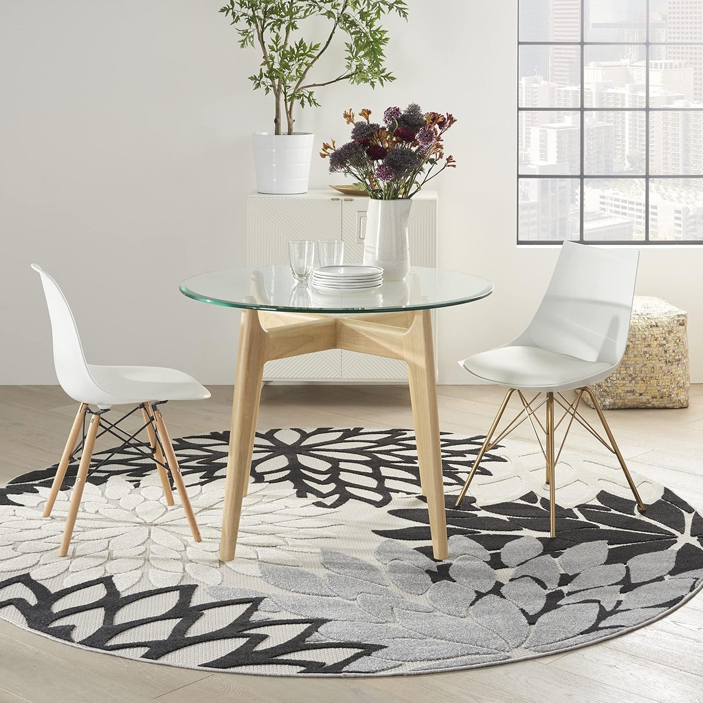 Nourison Aloha Indoor/Outdoor Black White 7'10" x Round Area Rug, Tropical, Botanical, Easy Cleaning, Non Shedding, Bed Room, Living Room, Dining Room, Deck, Backyard, Patio (8 Round)