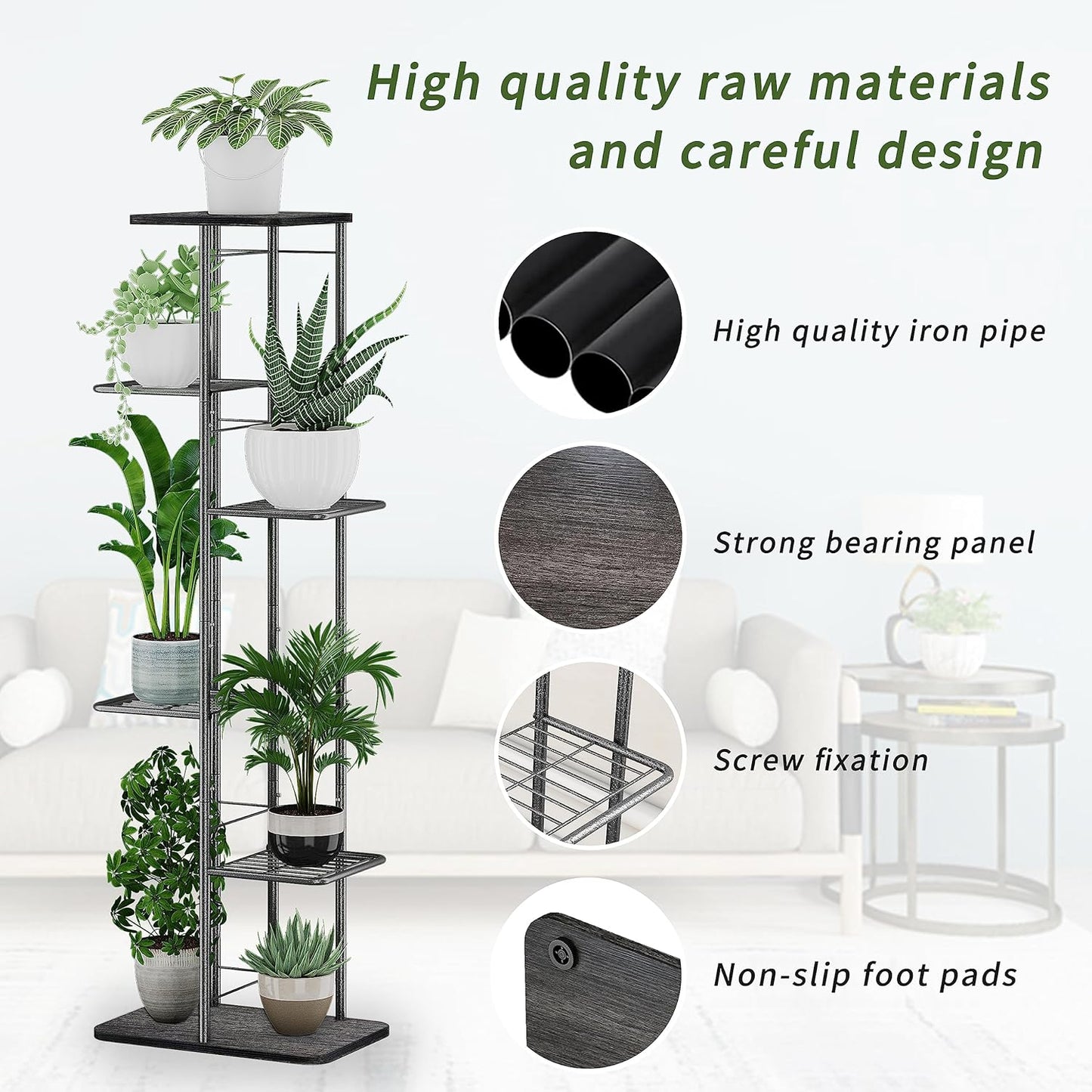 Simple Trending Plant Stand Shelf Indoor Outdoor Waterproof, 6-Tier 7 Potted Heavy Duty Metal Tall Flower Holder for Multiple Corner Display
