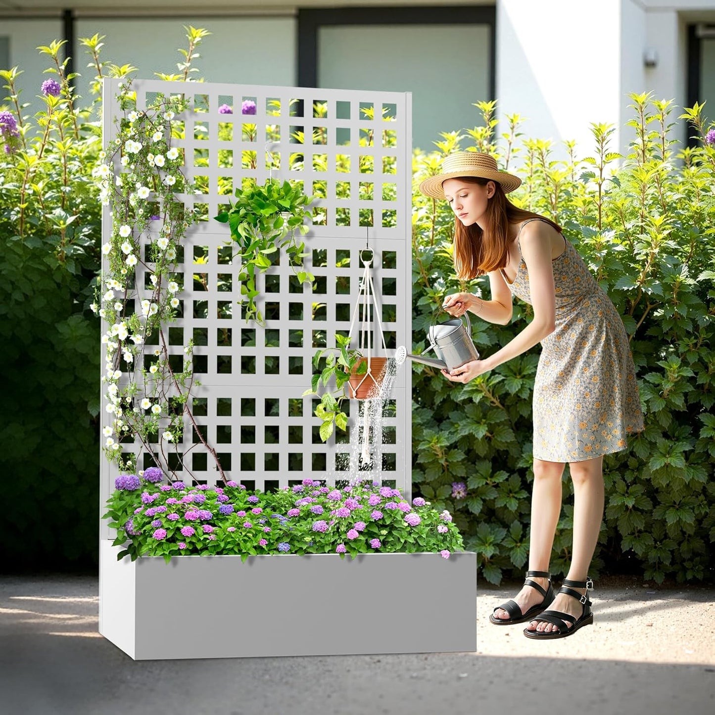 Metal Planter Box with Trellis, Heavy-Duty Raised Garden Bed for Climbing Plants, Drainage Hole, Outdoor Planter Box with Privacy Screen，47''L×16''W×71''H