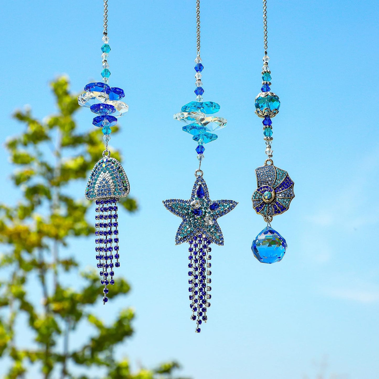 H&D HYALINE & DORA 3pcs Rhinestones Crystal Suncatcher Indoor Window Hanging Pendants, Sun Catchers Rhinestones Starfish Jellyfish Conch with Beads Prism Decor Wedding Garden Porch Ornament