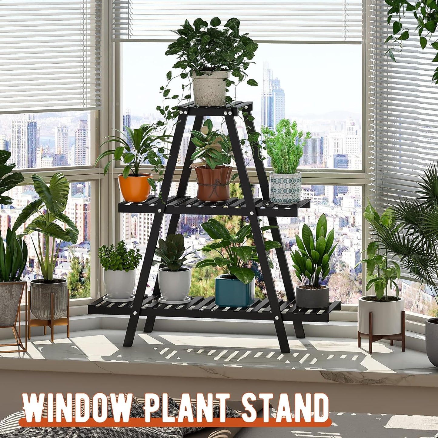 Plant Stand Indoor Plant Shelf Outdoor bamboo Plant Rack, 3 Tiers Ladder Plant Holder Flower Stand for Living Room Balcony Garden Patio,Living Room Boho Home Decor for Gardening Gifts (Black)
