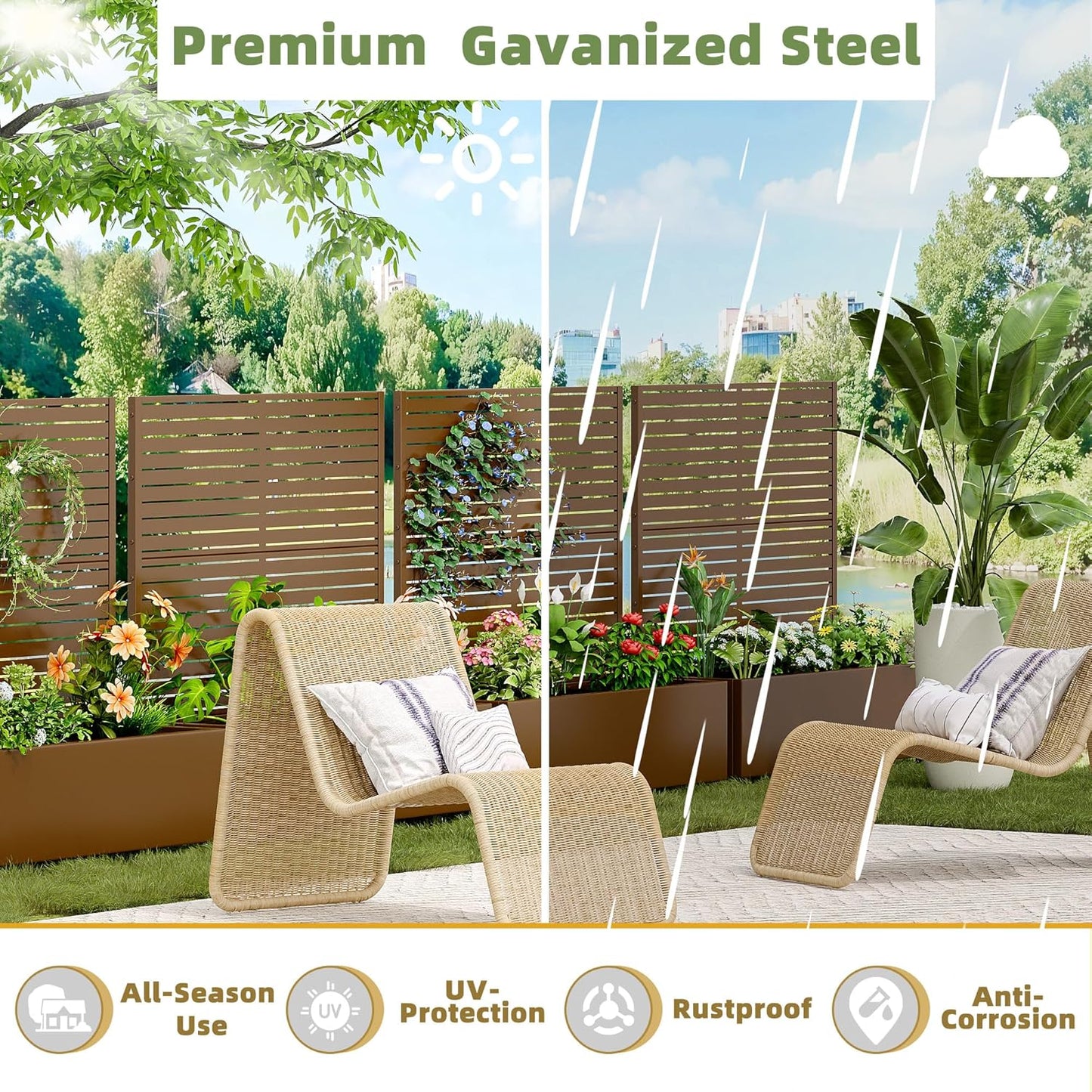 Casaphoria Metal Raised Garden Bed with Trellis and Wheels, 47"x47"x16" Planter Box for Climbing Plants, Vegetables & Vines, Features Drainage Holes and Privacy Screen (Brown-Louvered)