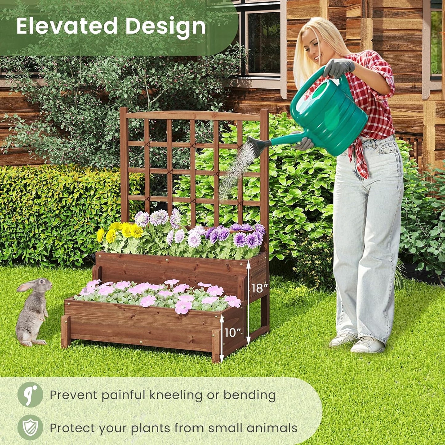 HAPPYGRILL Raised Garden Bed with Trellis, Drainage Holes, 2-Tier Wooden Elevated Planter Box w/Legs for Climbing Plants Vine Flower Herb Vegetable Fruit, Outdoor Garden Box for Patio Balcony (2)