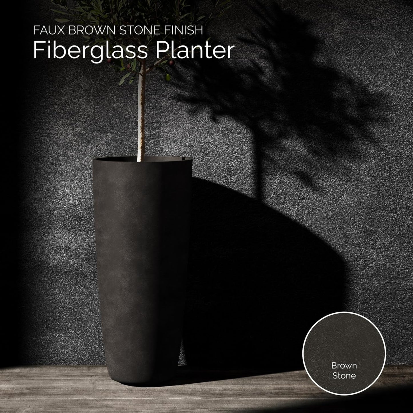 Lofto Tall Planter – Brown Stone Finish – Fiberglass Indoor/Outdoor and Weather-Resistant Large Planter (19.7" D x 43.7" H Exterior, 18.5" D x 43.3" H Interior)