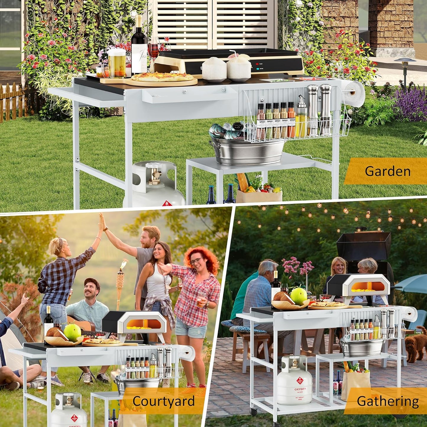 JY QAQA Outdoor Pizza Oven Stand with Condiment Shelf, Outdoor Cooking Cart, Grill Worktable for Patio, Food Prep Station Fits Ninja Woodfire Grill, Cuisinart Grill, Blackstone Griddle