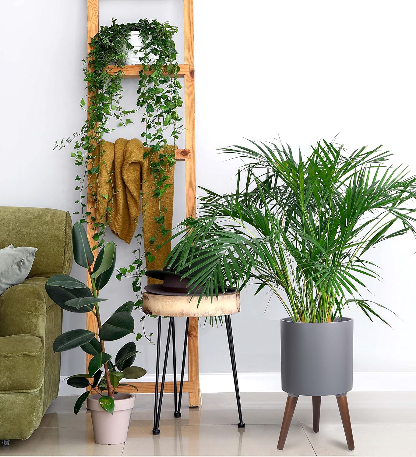 D'vine Dev 10 Inch Planter Pot with Stand, Mid-Century Tall Plant Pot with Legs for Indoor Plants, Medium, Grey, 88-O-B-3