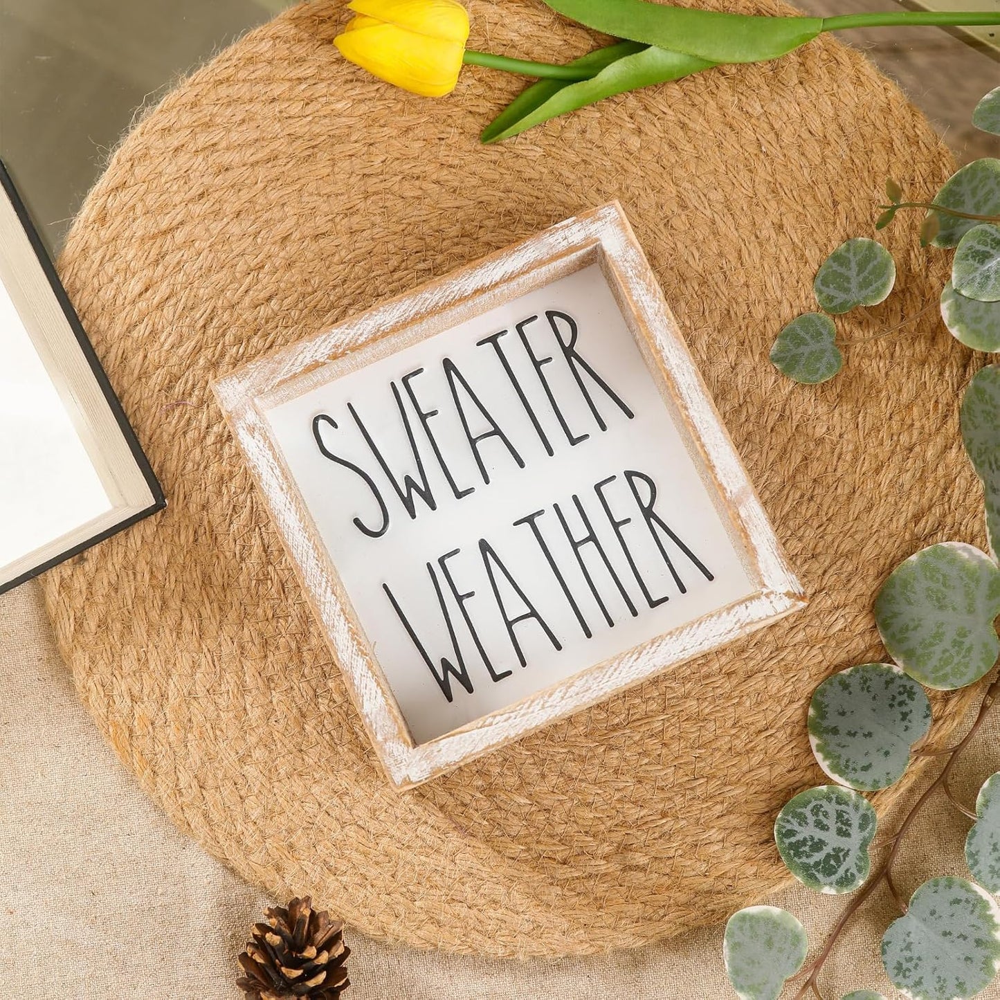 Embossed Sweater Weather Sign, Rustic Fall Decorations for Home, Fall Centerpieces for Table Cubicle Desk Mantel Fireplace, Autumn Tiered Tray Decor
