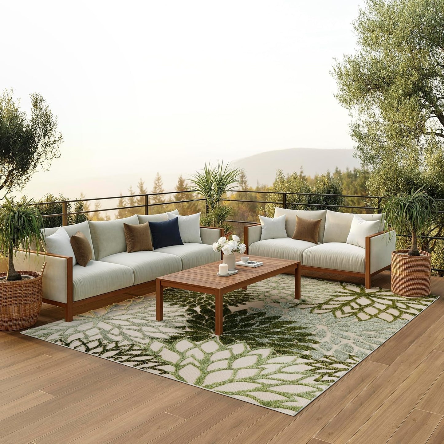 Nourison Home Aloha Tropical Indoor/Outdoor Ivory Green 6' x 9' Area Rug, Easy Cleaning, Non Shedding, Bed Room, Living Room, Dining Room, Backyard, Deck, Patio (6x9)