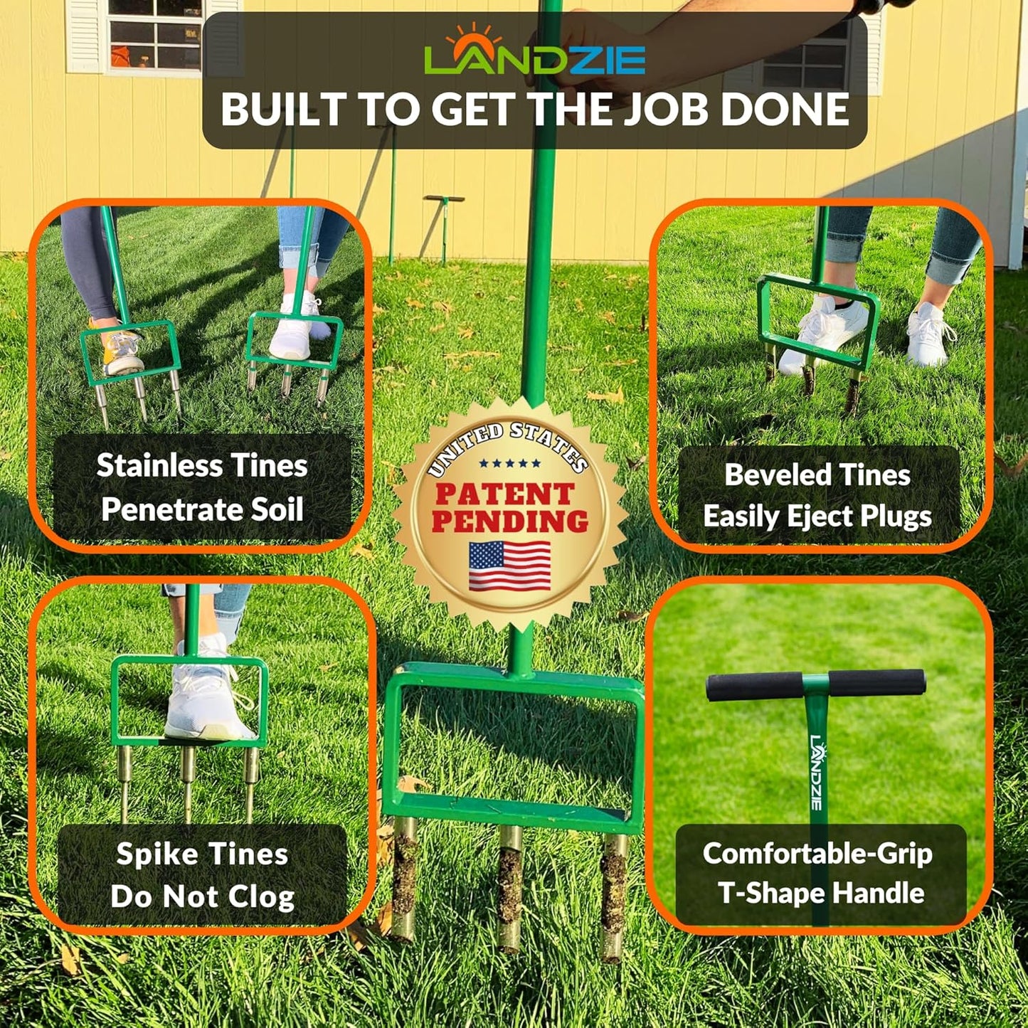 Landzie - The Original Hollow and Spike Tine Lawn Aerator Set - Includes 1 Aerator + Set of 3 Hollow Tines and 3 Spike Tines - 42 Inch Manual Stainless Steel Gardening Hand Tool