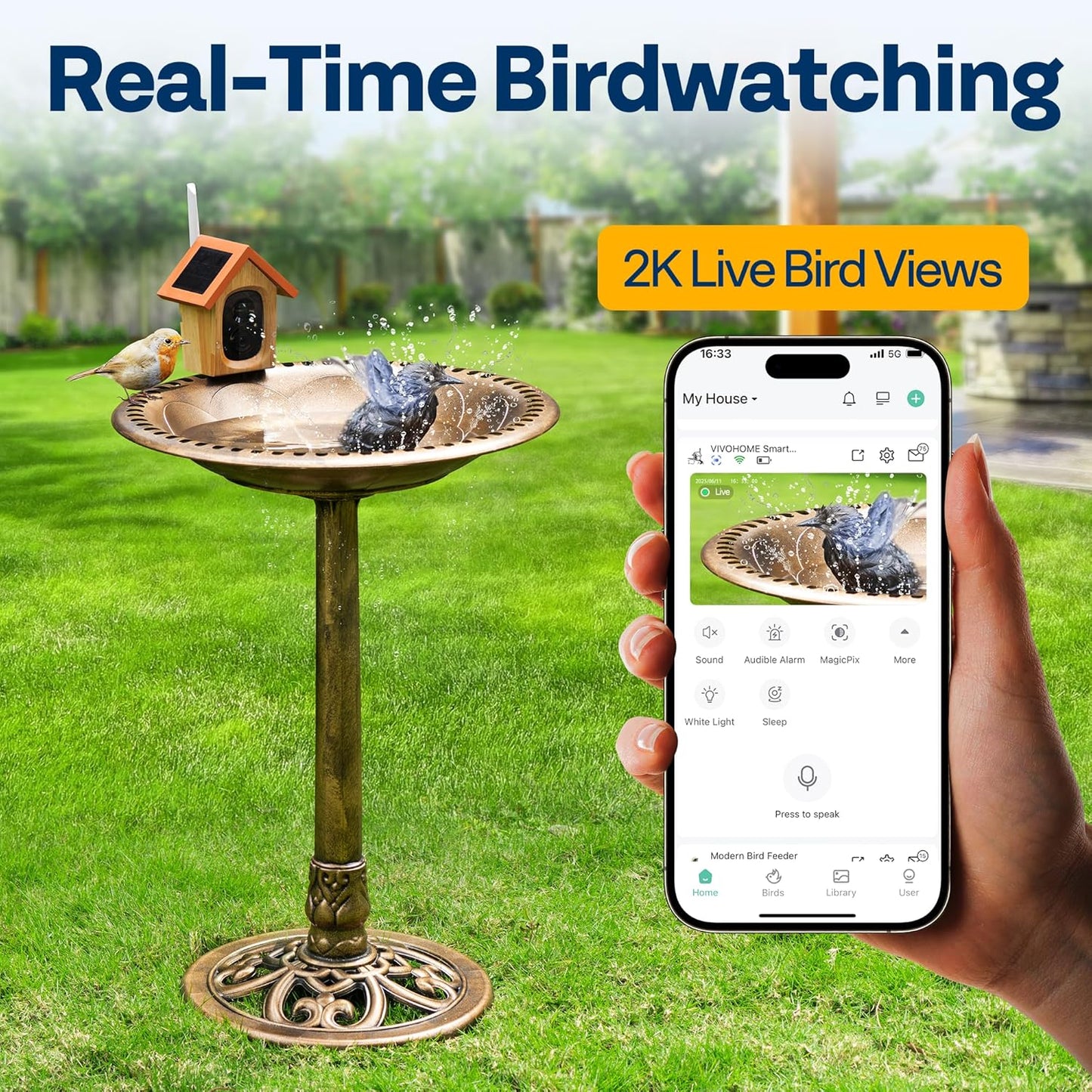 VIVOHOME Smart Polyresin Bird Bath with Camera, 2K HD Solar Powered Outdoor Bird Feeder with Night Vision, AI Bird Identification, Two-Way Audio, Instant Motion Alerts, 2.4GHz WiFi, Copper