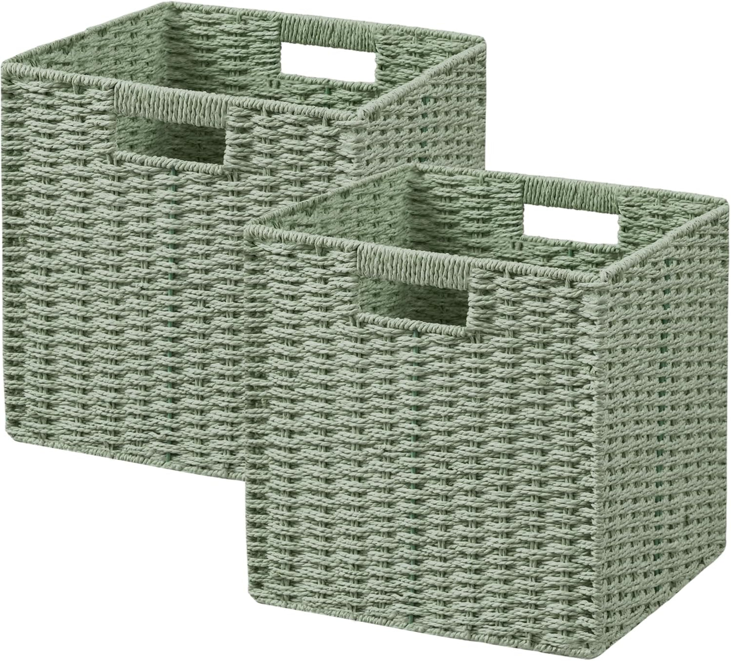 UBBCARE 2 Pack Wicker Basket, 11.8L×11.8H×11W inch Woven Paper Rope Storage Baskets for shelves, Foldable Cube Storage bin with Handle, Storage Basket for Organizing & Decor, Green