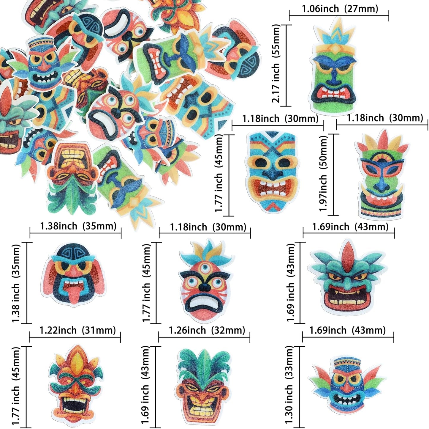 Ephlyn 54Pcs Edible Tiki Tribal Masks Cupcake Toppers Wafer Paper Hawaiian Tropical Tiki Totem Cupcake Picks Summer Aloha Birthday Cupcake Decorations Party Supplies Multicolor