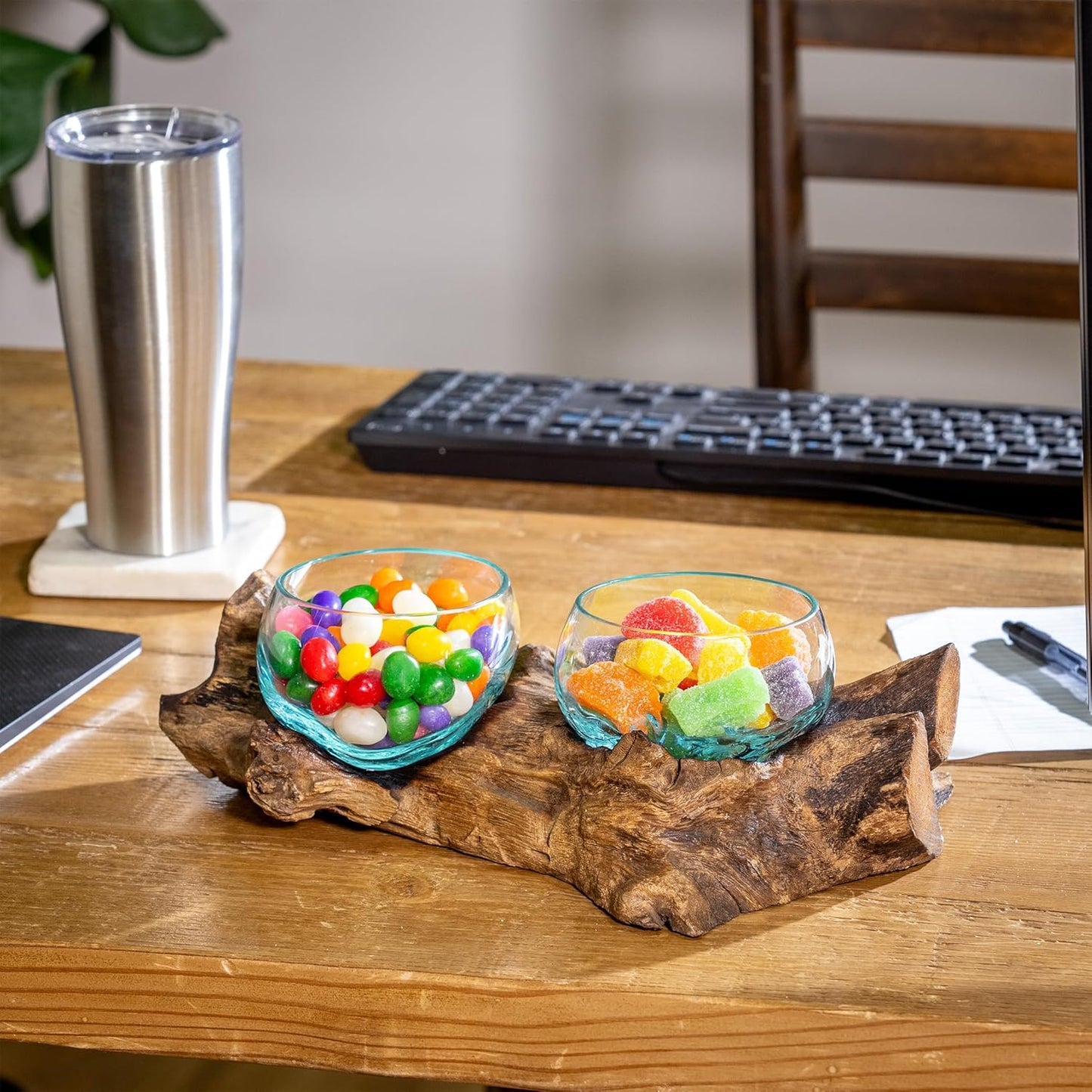 Cape Craftsmen Set of 2 Terrariums | Hand-Blown Blue Tinted Bubble Glass On Natural Teak Driftwood Terrarium | Home Décor Indoor Planter with Stand | Pot for Succulent and Plants