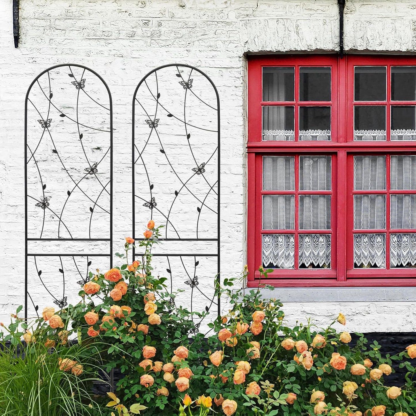 2 Pack Metal Garden Trellis 86.7" Tall Outdoor Climbing Plant Support for Roses, Flowers, Rustproof Durable Black Galvanized Tube, Lawn Garden Fence Decor Screen (2, Black flutter-86.7" H)