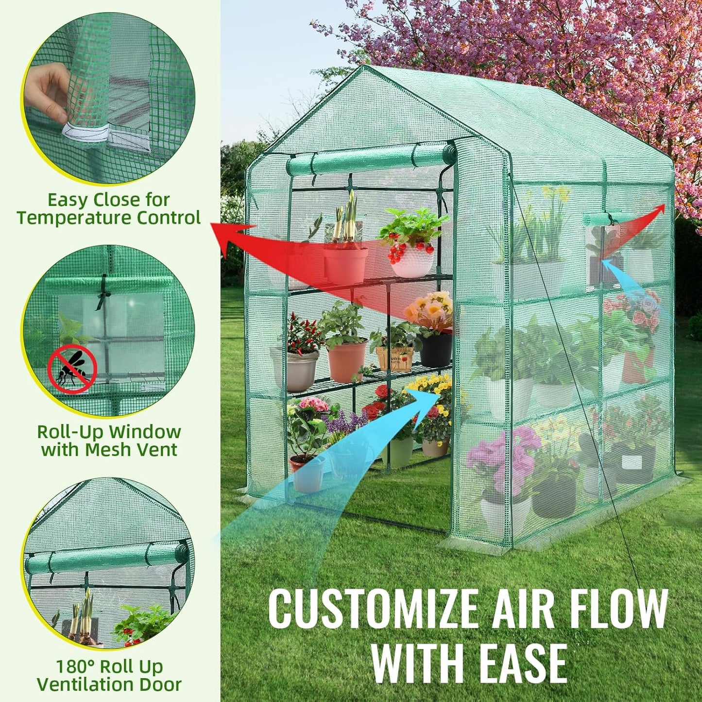 Greengro Greenhouse, 57 x 57 x 76'' Greenhouses for Outdoors, Durable Green House Kit with Window, Thicken PE Cover, 3 Tiers 8 Shelves, Heavy Duty Walk in Green Houses for Indoor Backyard Outside
