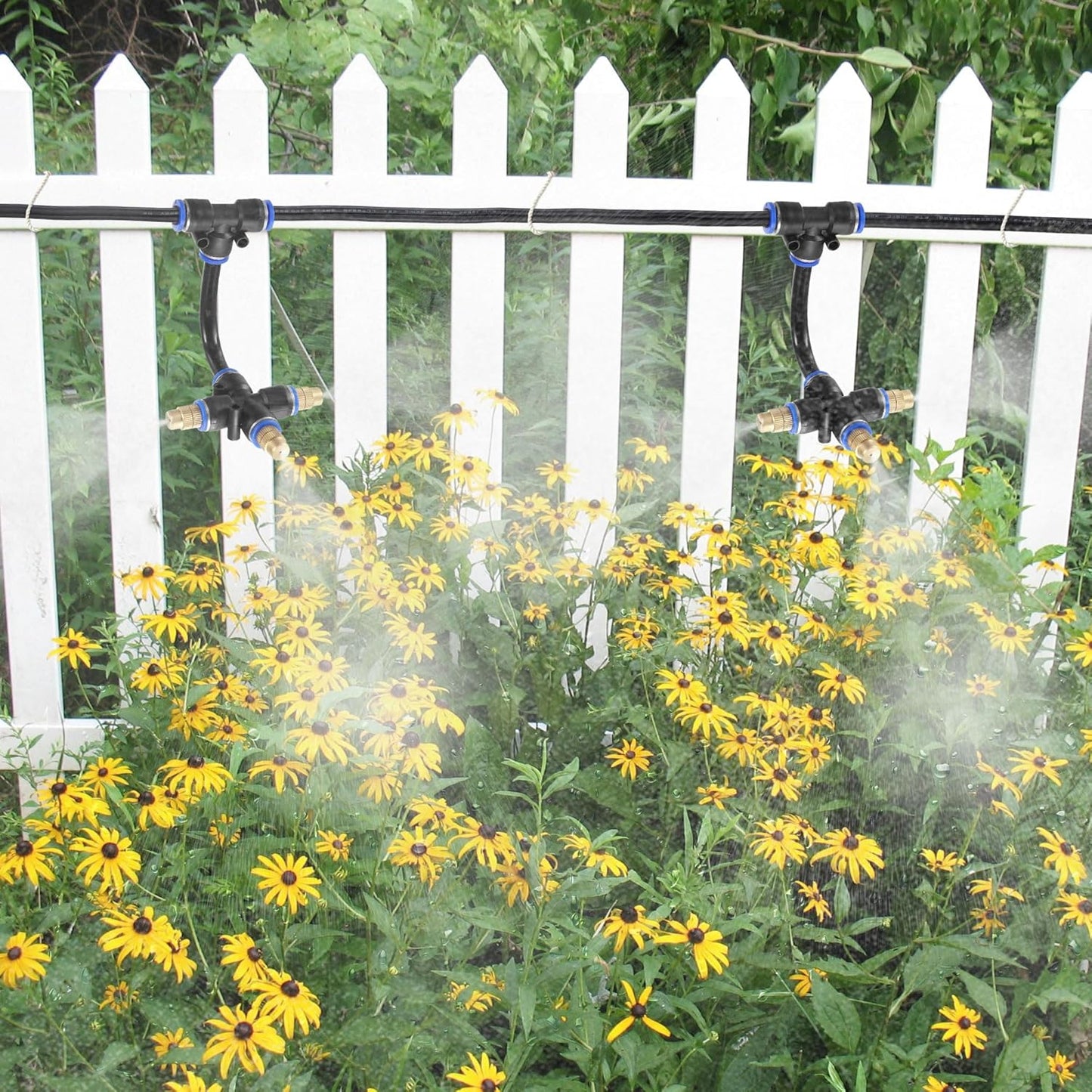 Mornajina 3Packs 3 Way Brass Misting Nozzles Tee with 13inch Built in Hose for Outdoor Cooling System, Adjustable 360° Rotation, Water Mister Nozzles Thread Sprayer 0.043" (1.1 mm)