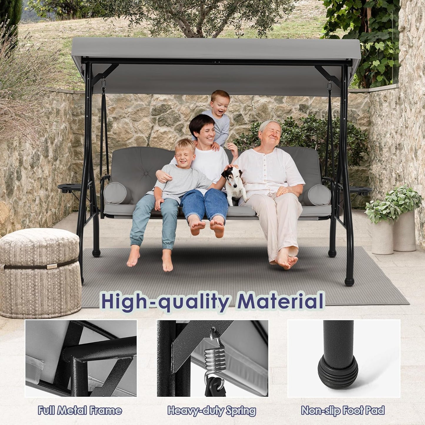 HOMREST 3 Seat Outdoor Porch Swing with 1.5" Deep Cup Holder, Adjustable Canopy,Patio Swing Bed with Stand, Patio Glider Swing with Thicken Cushions, Pillow（Grey）