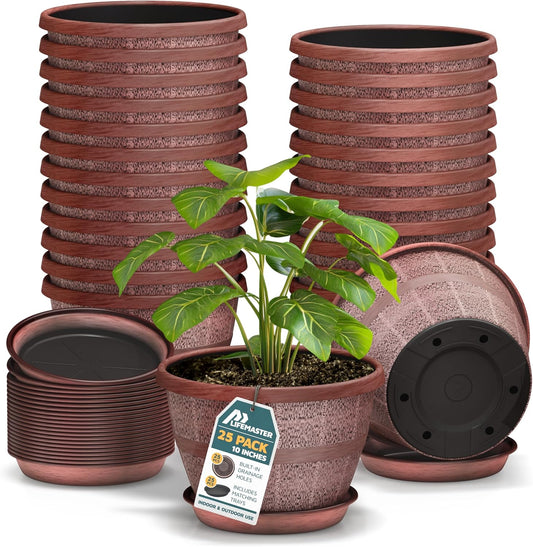 10-Inch Whiskey Barrel Planters Outdoor Pack of 25 - Durable Plastic Plant Pots for Indoor & Outdoor Use with Drainage & Saucer, Lightweight Rustic Barrel Planters for Flowers, Herbs & Small Plants