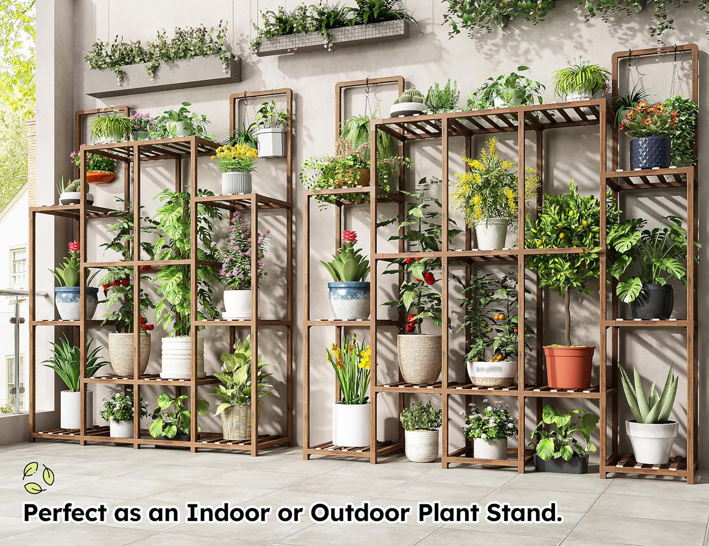 EnHomee Plant Stand Indoor Wood Plant Stand Outdoor Plant Shelf with 14-18 Potted Double Rod Large Plants Holder 440LBS Plants Shelves for Living Room Patio Balcony Yard Garden 44.8''W×11.6''D×47''H