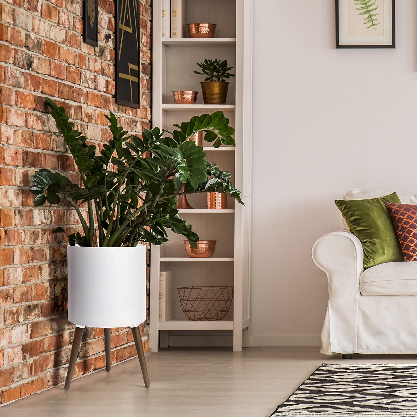 D'vine Dev 14 Inch Planter Pot with Stand, Mid-Century Tall Plant Pot with Legs for Indoor Plants, X-Large, White, 88-O-D-1