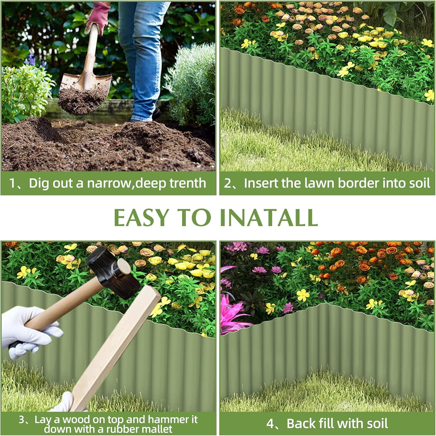 Metal Garden Edging Border, Corrugated Steel Landscaping, DIY for Lawn (Green, 10 Inch x 20FT)