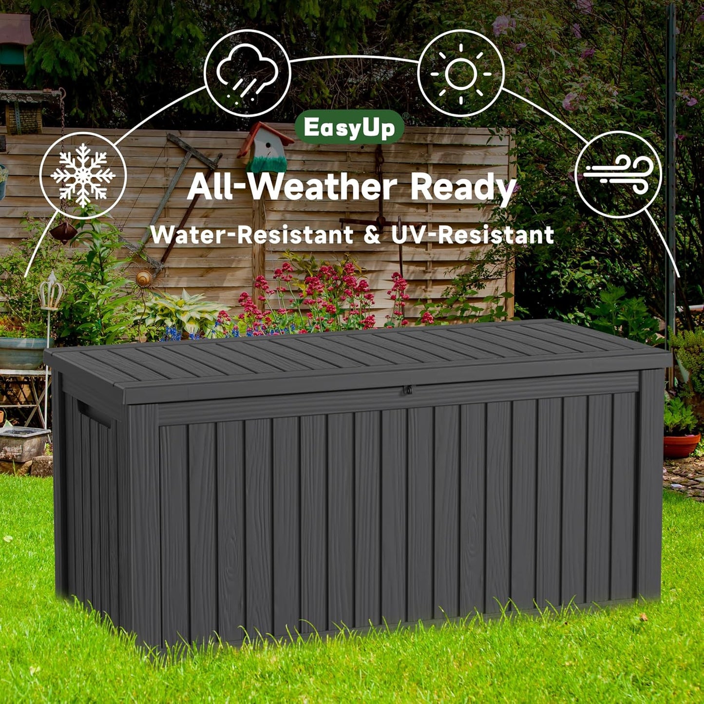 180 Gallon Outdoor Storage Box Waterproof, UV Resistant Resin Deck Box with Hydraulic Rod, Reinforced Stability for Patio, Garden, and Pool, Striped Black