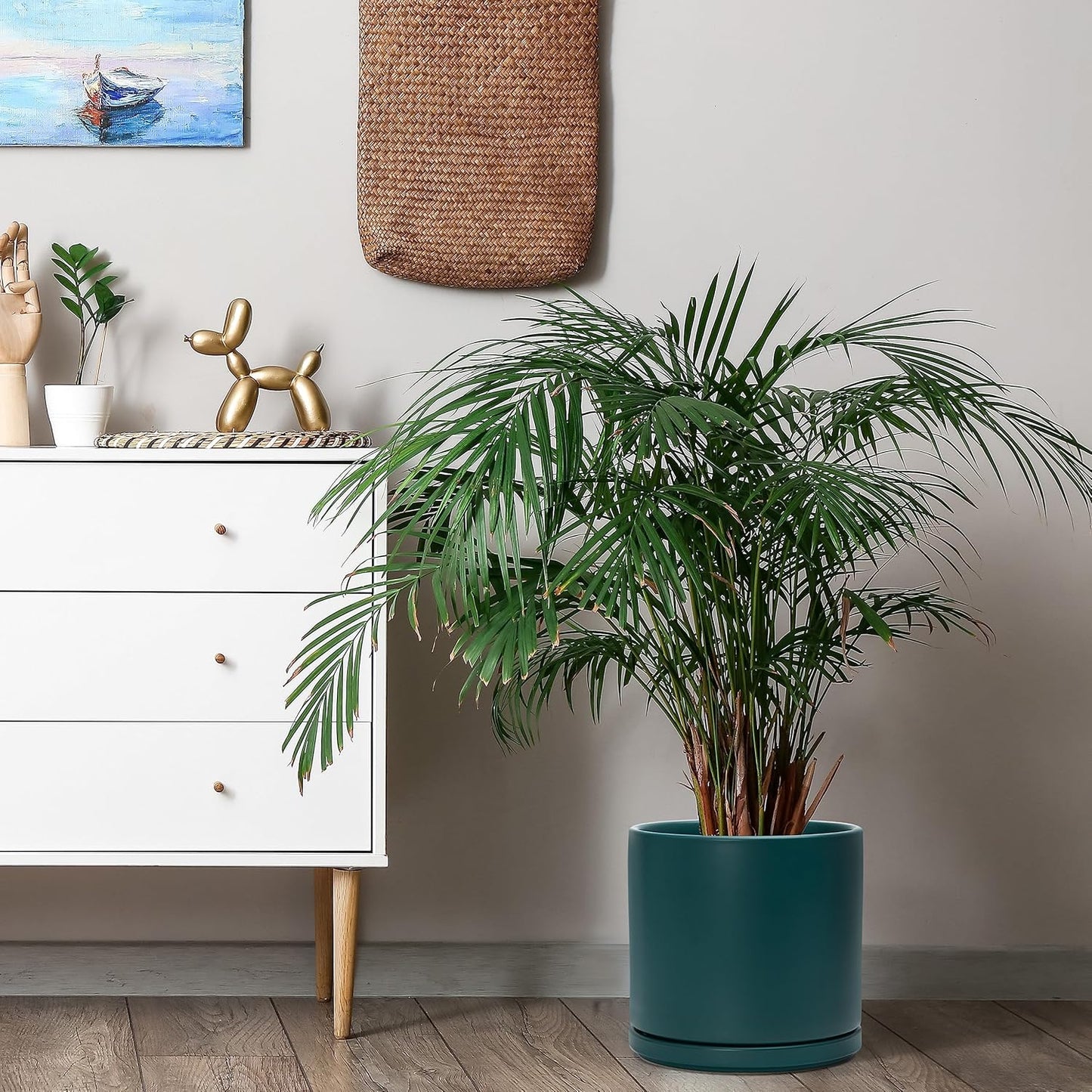 D'vine Dev 10 Inch Ceramic Planter Pot with Drainage Hole and Saucer, Indoor Cylinder Round Planter Pot, Teal, 94-O-E-9