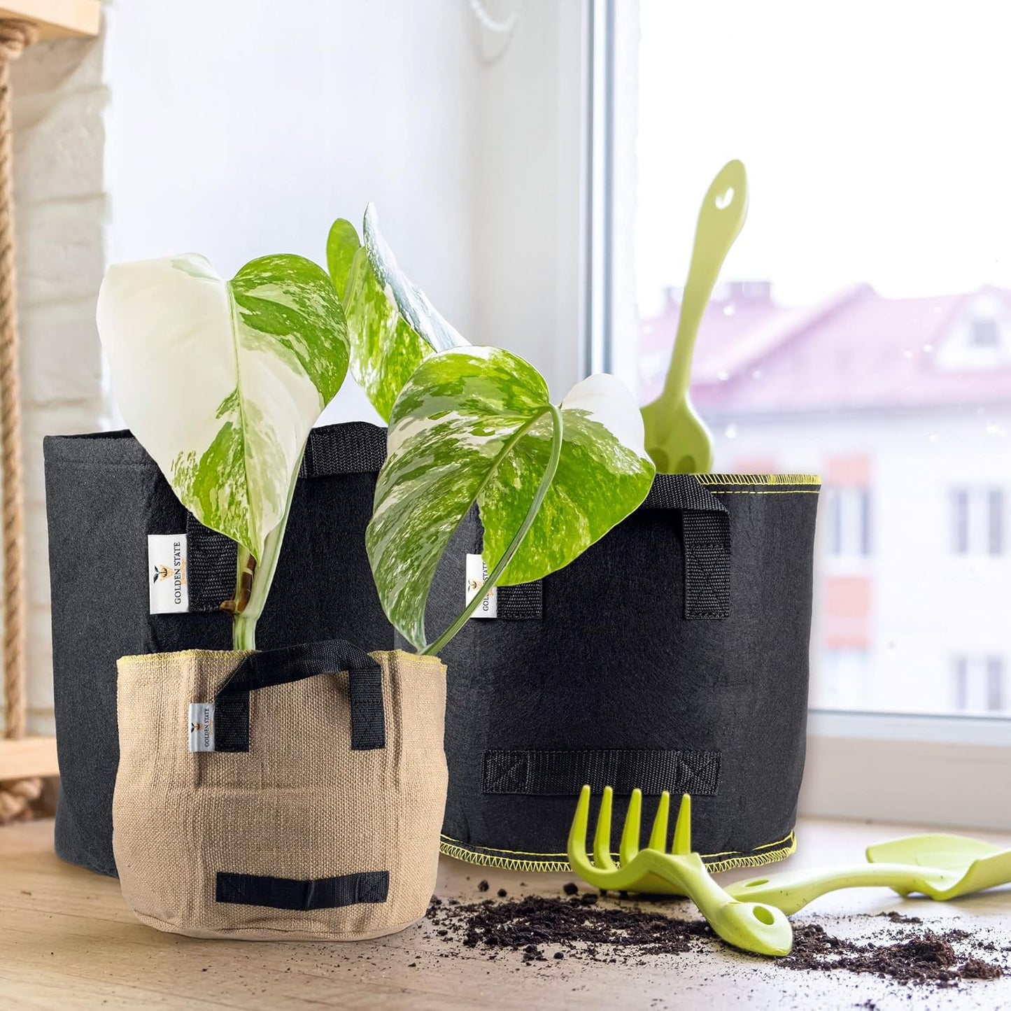 Grow Bags: 5-Pack (Size: 15 Gallon): 300gsm Black Felt Fabric w/Yellow Stitch, Biodegradable and eco-Friendly Material. (Handles + Dumping Handles-pat.Pend).