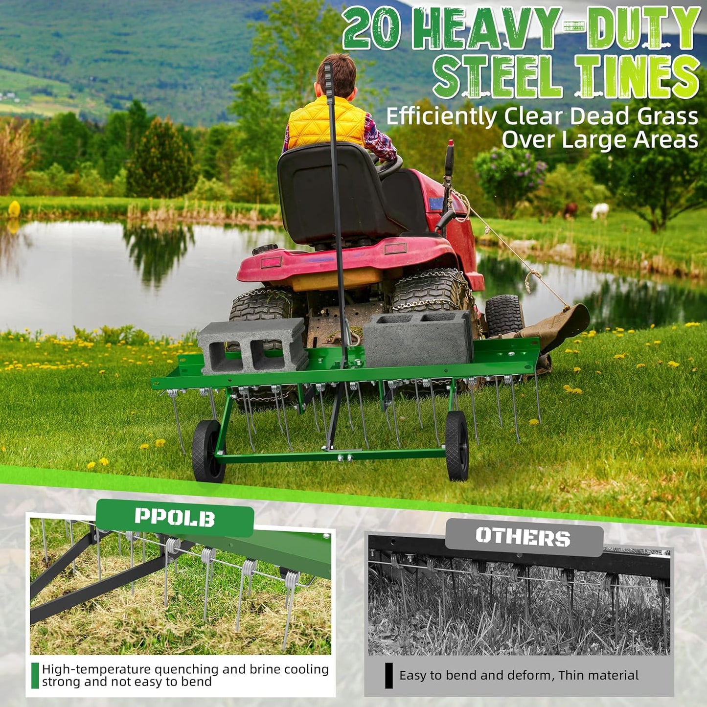 40 Inch Green Tow-Behind Dethatcher with 20 Spring Steel Tines, Pull Dethatcher for Outdoor Yard Care, Garden Farm Grass Tractor Rake to Remove Thatch, Leaves and Needles from Large Lawn Areas