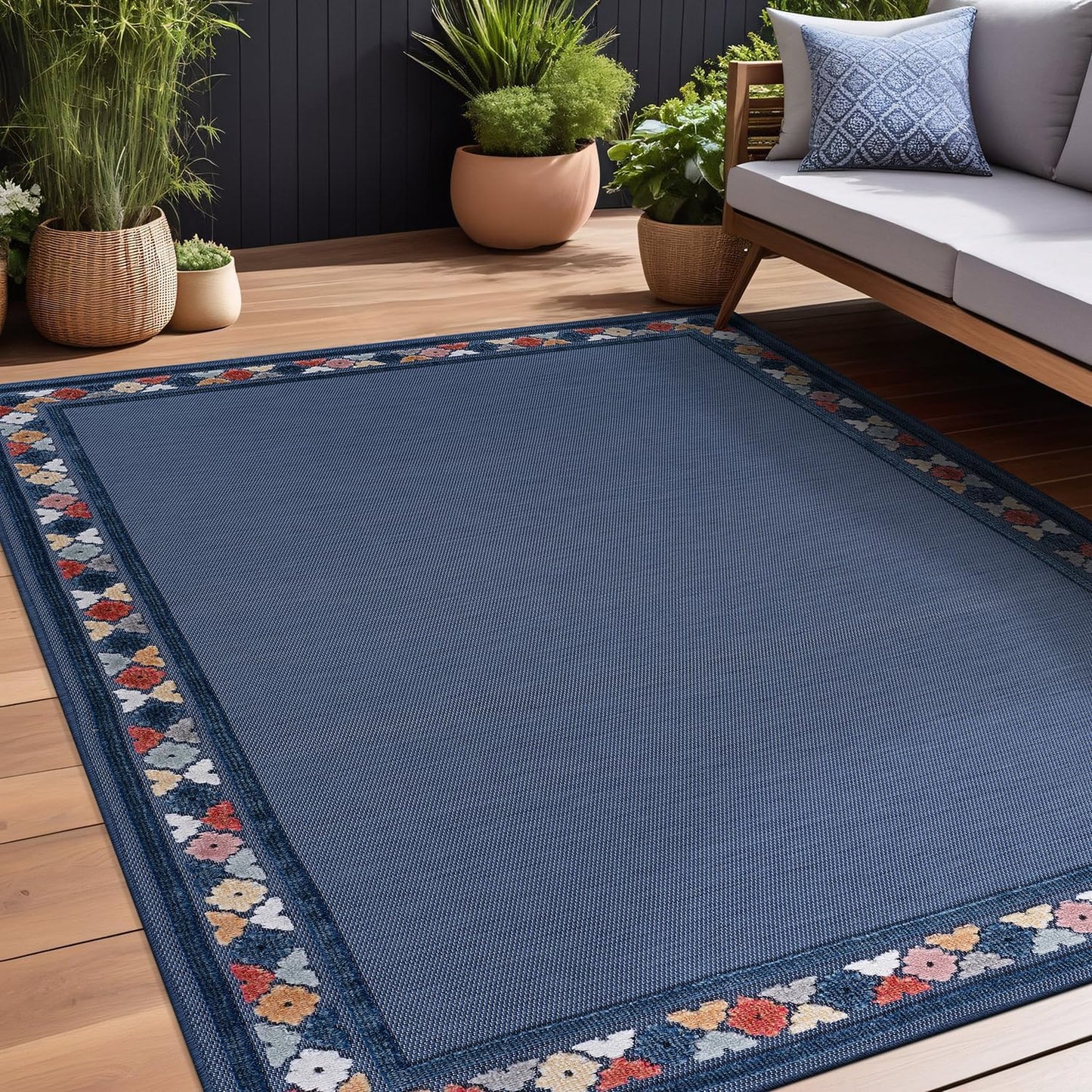 Beverly Rug Outdoor Rug 9x12 Modern Bordered Large Area Rugs for Indoor and Outdoor Patio Easy to Clean Non Shedding Living Room Porch Garden Washable Outside Carpet (9 x 12 Blue)