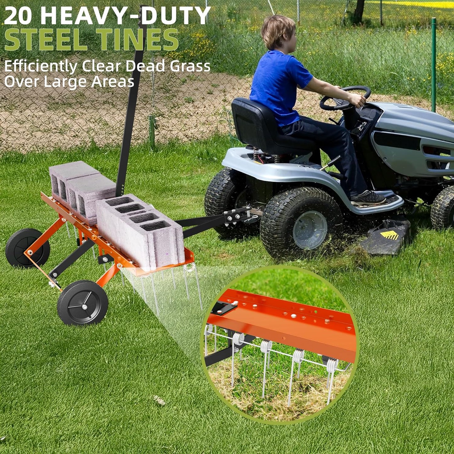 40 Inch Orange Tow-Behind Dethatcher with 20 Spring Steel Tines, Pull Dethatcher for Outdoor Yard Care, Garden Farm Grass Tractor Rake to Remove Thatch, Leaves and Needles from Large Lawn Areas