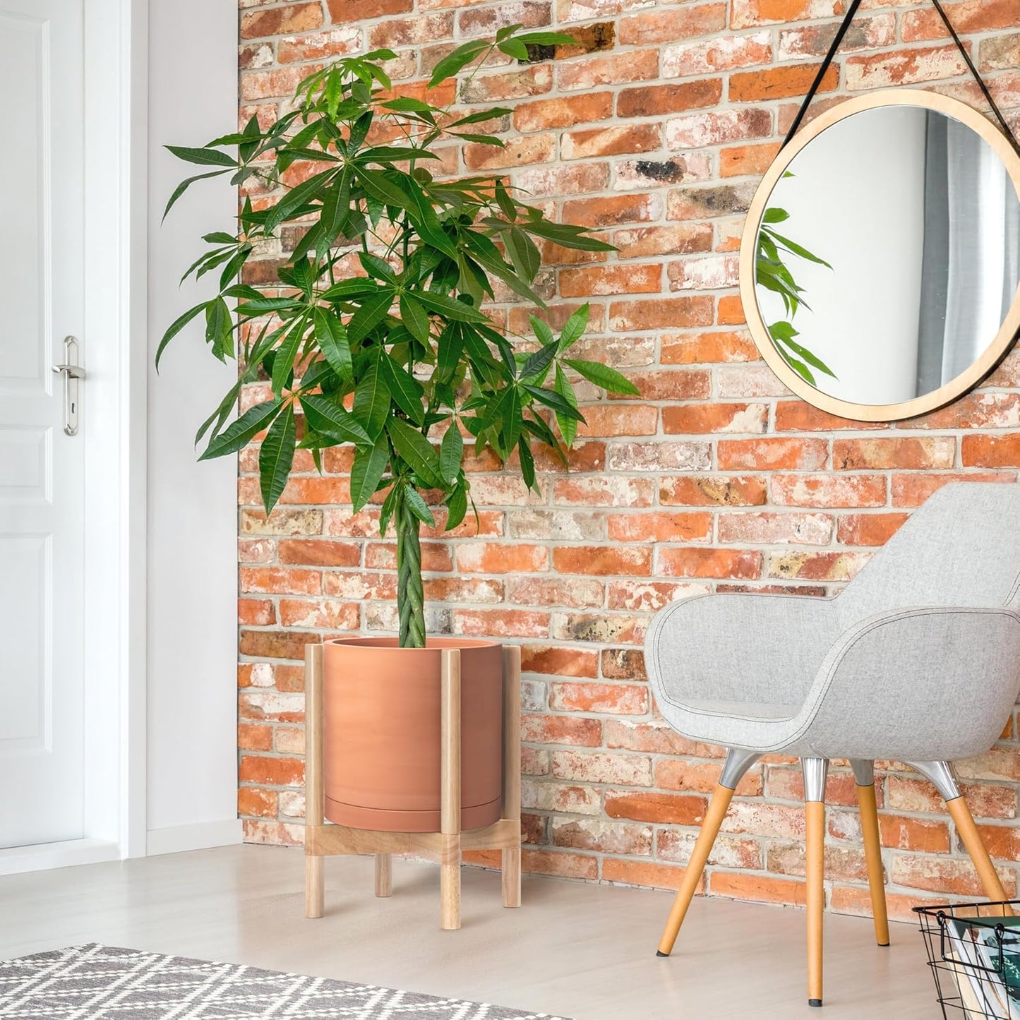 D'vine Dev Terracotta Planter with Natural Stand - 12 Inch Modern Round Flower Pot with Wood Planter Holder, Terracotta, 55-B-J-5