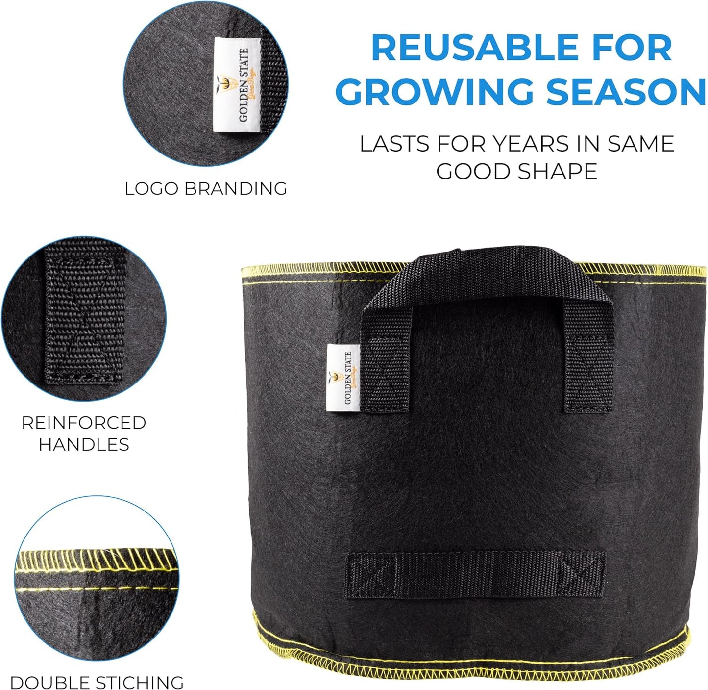Grow Bags: 5-Pack (Size: 25 Gallon): 300gsm Black Felt Fabric w/Yellow Stitch, Biodegradable and eco-Friendly Material. (Handles + Dumping Handles-pat.Pend).