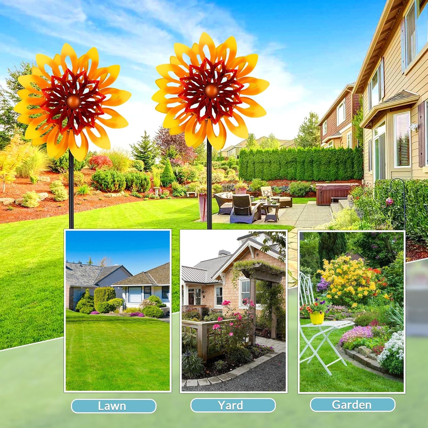 Sunflower Wind Spinners, 360 Degrees Swivel Metal Wind Sculptures, 62" Garden Pinwheels for Yard Lawn Patio Decor