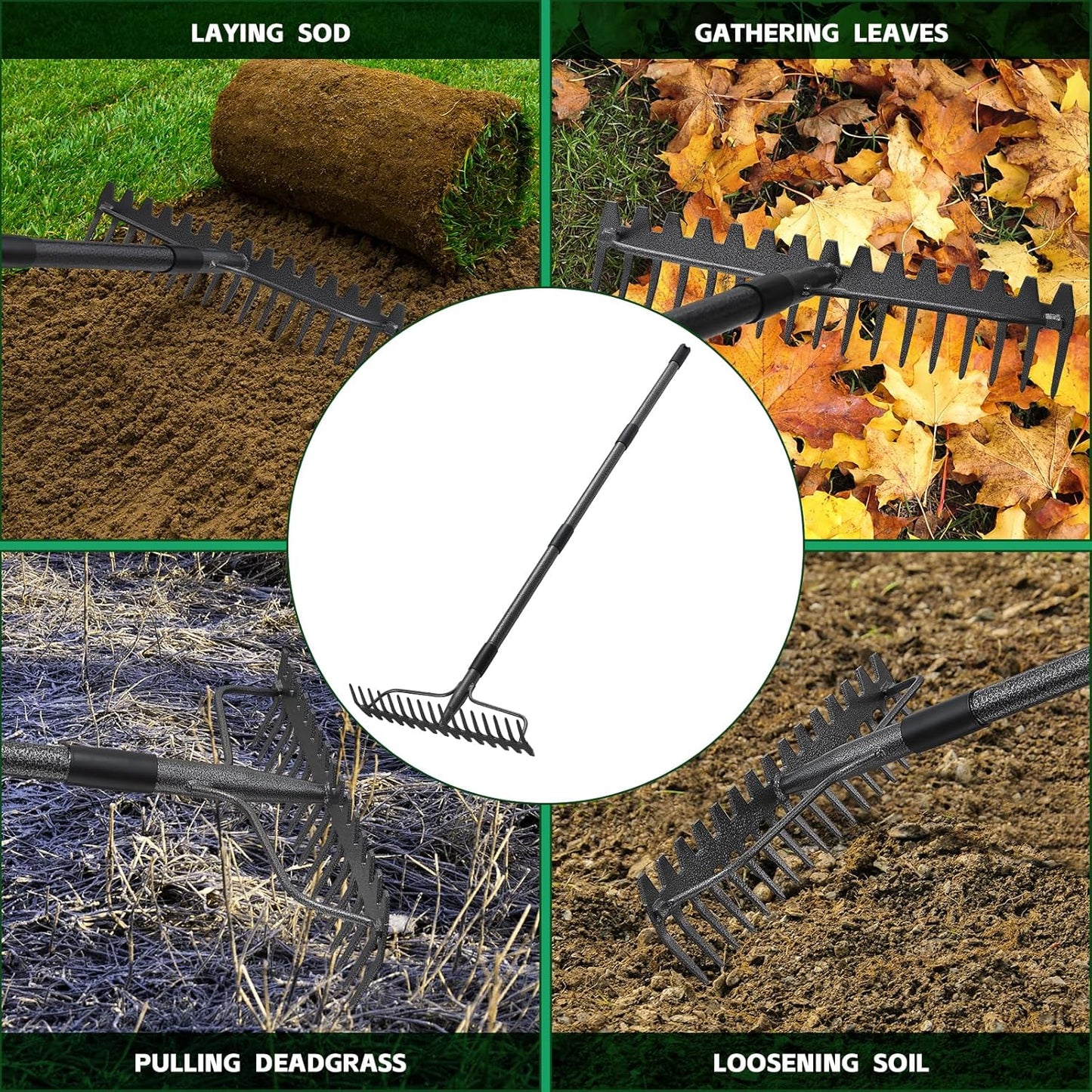 49'' Bow Rake ，17 Tines Metal Head Rakes with Stainless Steel Handle，Heavy Duty Garden Rake for Loosening Soil Gathering Leaf Leveling Lawn Farming Land Management Yarn Thatch Rake