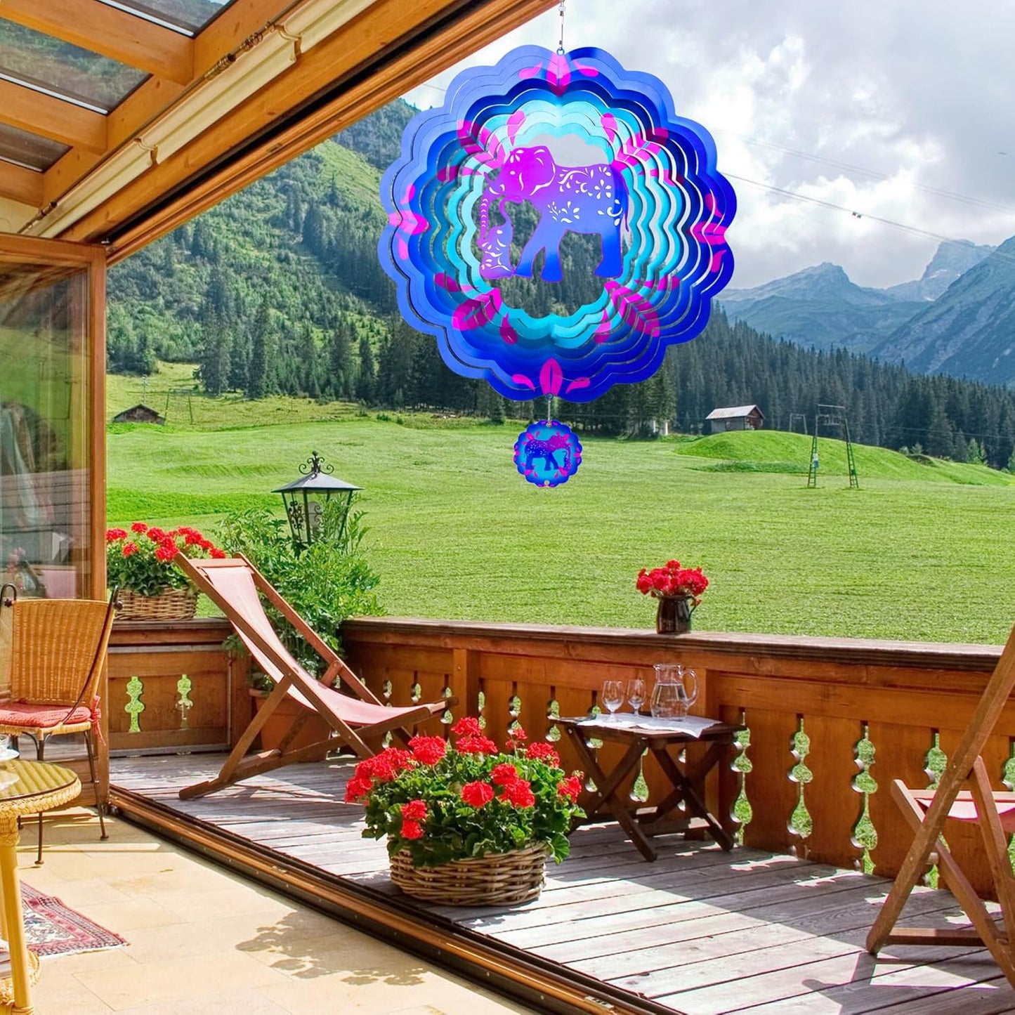 12 inch Elephant 3D Stainless Steel Wind Spinners, Hanging Garden Spinner Kinetic Art Garden Decorations, Reflective Wind Sculpture for Indoor/Outdoor Decor