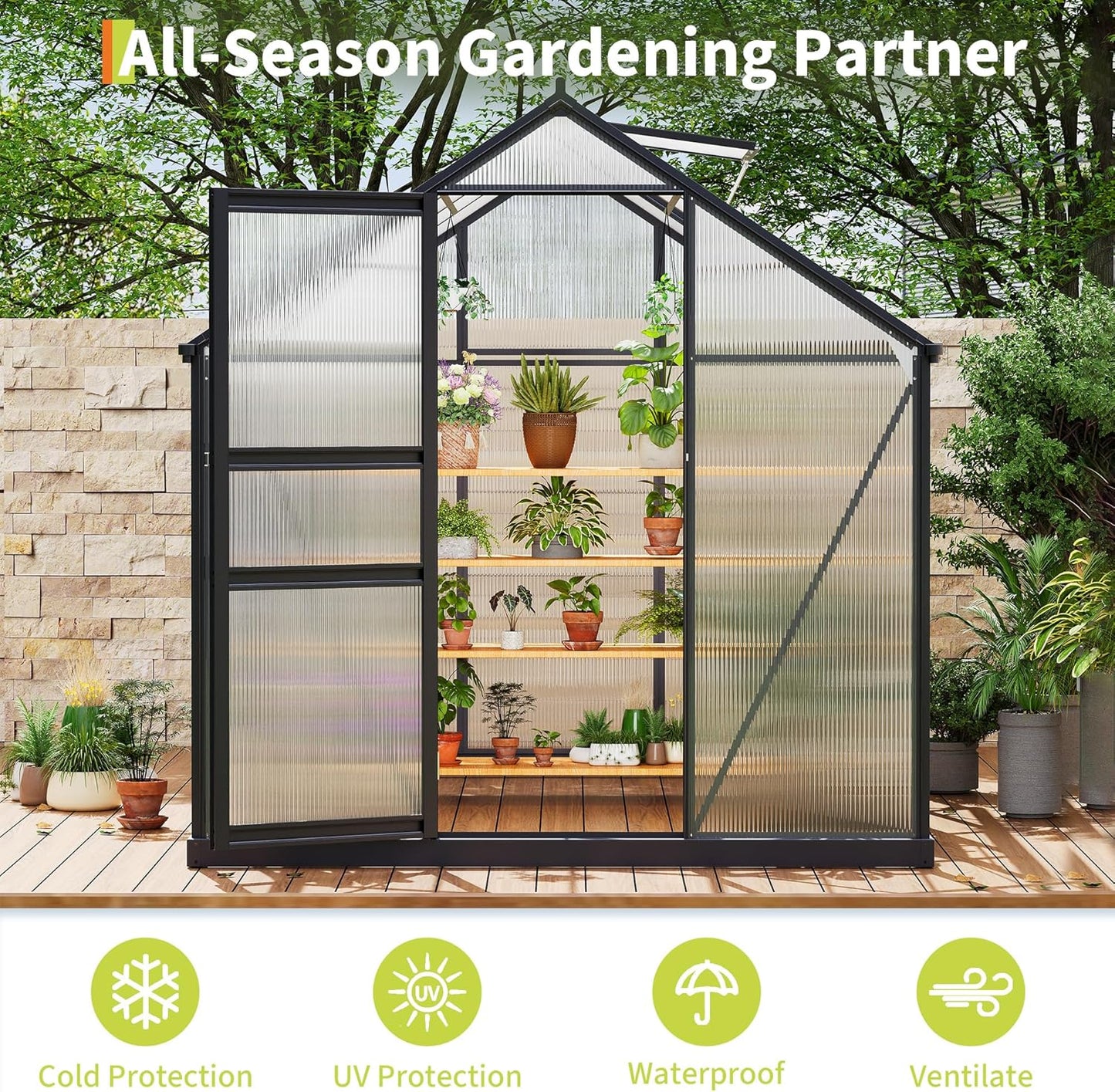 6×8FT Polycarbonate Greenhouse for Outdoors, Large Walk in Green House Kit and Winter Garden Planting, Enhanced Aluminum Green Houses for Outside to Protect Vegetables or Plants