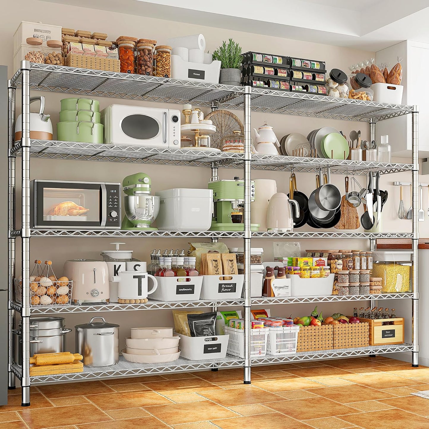 REIBII 70" W Wire Shelving Load 1500LBS, Metal Shelving 5-Tier Storage Shelves Metal Shelves for Storage Adjustable Shelving Rack for Pantry Kitchen Commercial School 70" W*15.8" D*72.4" H,Chrome