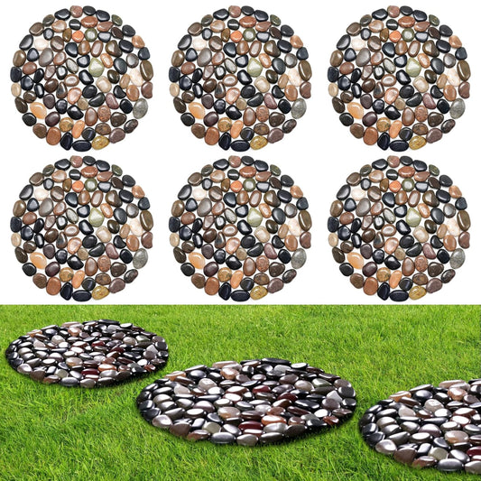 10in River Rock Stepping Stones Set - 6 Pack | Polished Pebble | Long-Lasting PVC Mesh Backing | Perfect for Garden Paths and Lawns Outdoor Landscaping Decoration | Mixed Circle