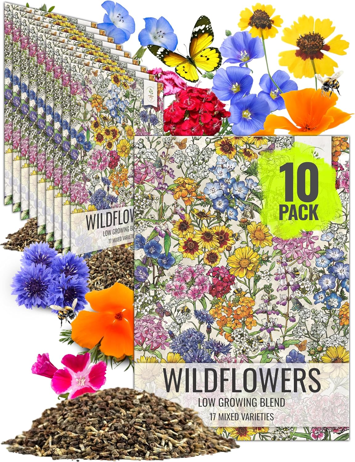 Seed Needs Low Growing Wildflower Flower Seeds for Planting | 10 Packs (1 Ounce Each) Mixture/Blend 17 Varieties | Resealable Package Multicolored Blooms Open Pollinated Mixed Species | Bulk