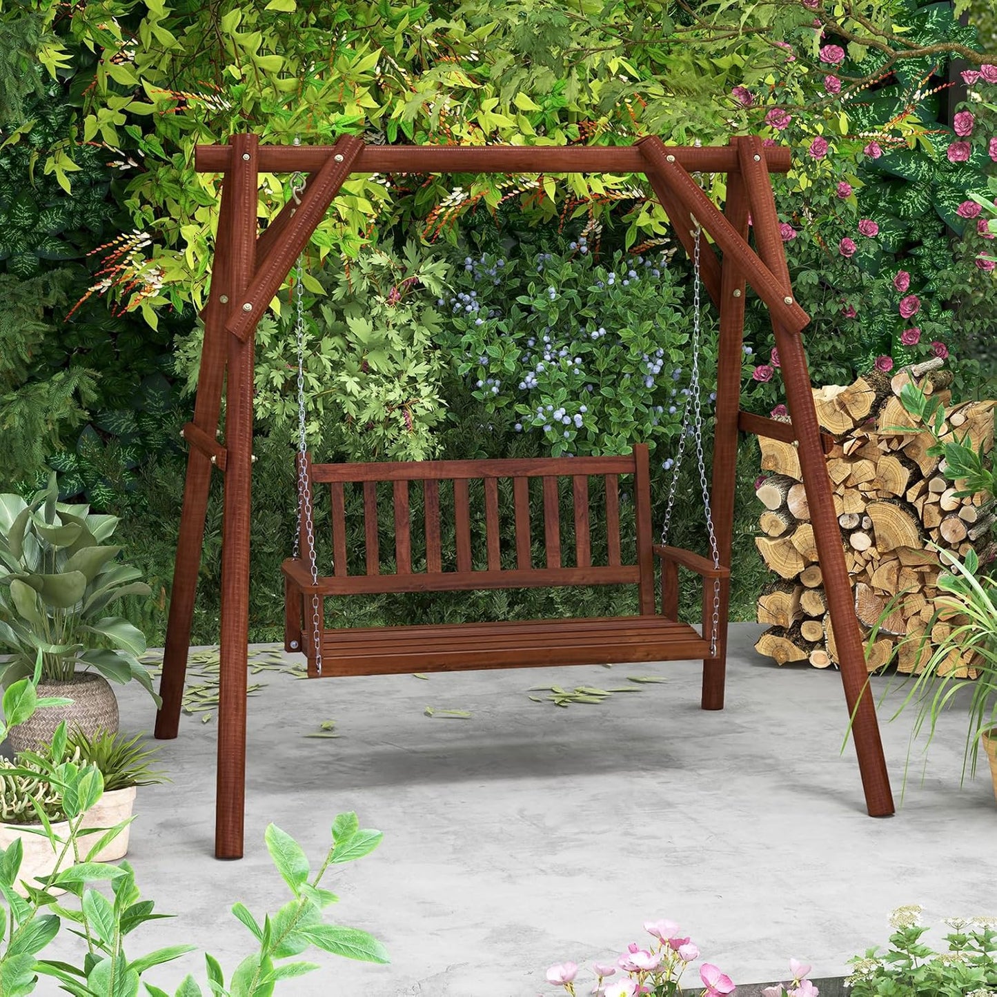 HAPPYGRILL 3-Person Wooden Outdoor Porch Swing, Heavy Duty Patio Hanging Bench Chair with 800 LBS Weight Capacity, 5.6 FT Adjustable Upper Chains, Slatted Back, Swing Bench for Garden, Backyard