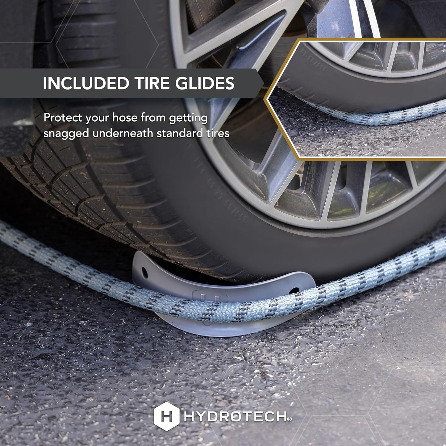 Hydrotech 60 ft Garden Hose – Patented Force Control, Burst-Proof, Lightweight, Flexible, No-Kink Design, 5/8", 4 Tire Hose Guides, Ideal for Car Wash & Automotive Care