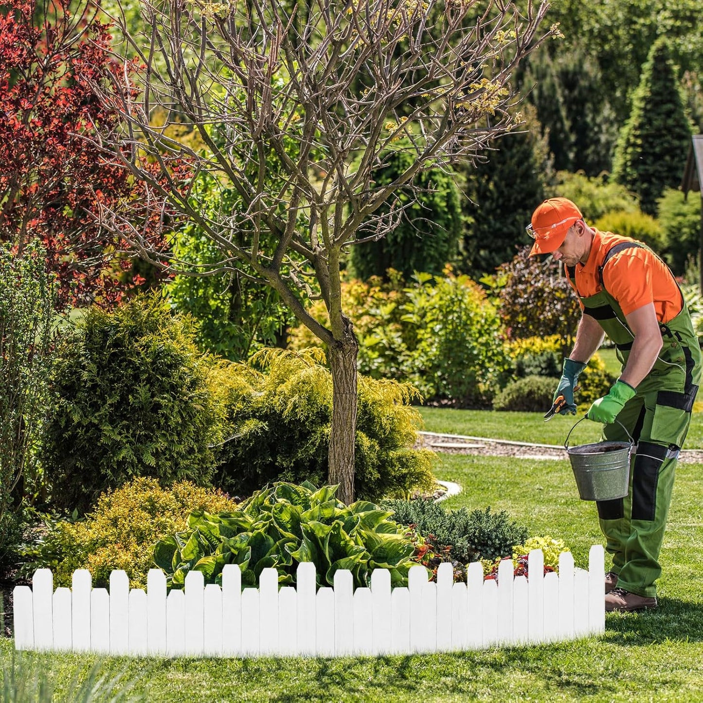 Soaoo 6 Pack Wood Garden Edging Border Outdoor Landscape Edging Flexible Decorative Garden Fence Border with White Gloves for Lawn Yard Tree Flower Bed Pathway (White)