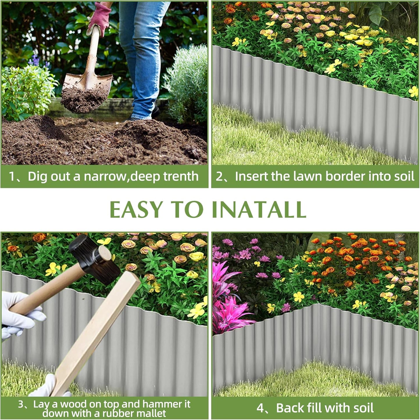 Metal Garden Edging Border, Corrugated Steel Landscaping, DIY for Lawn (Silver, 8 Inch x 10FT)