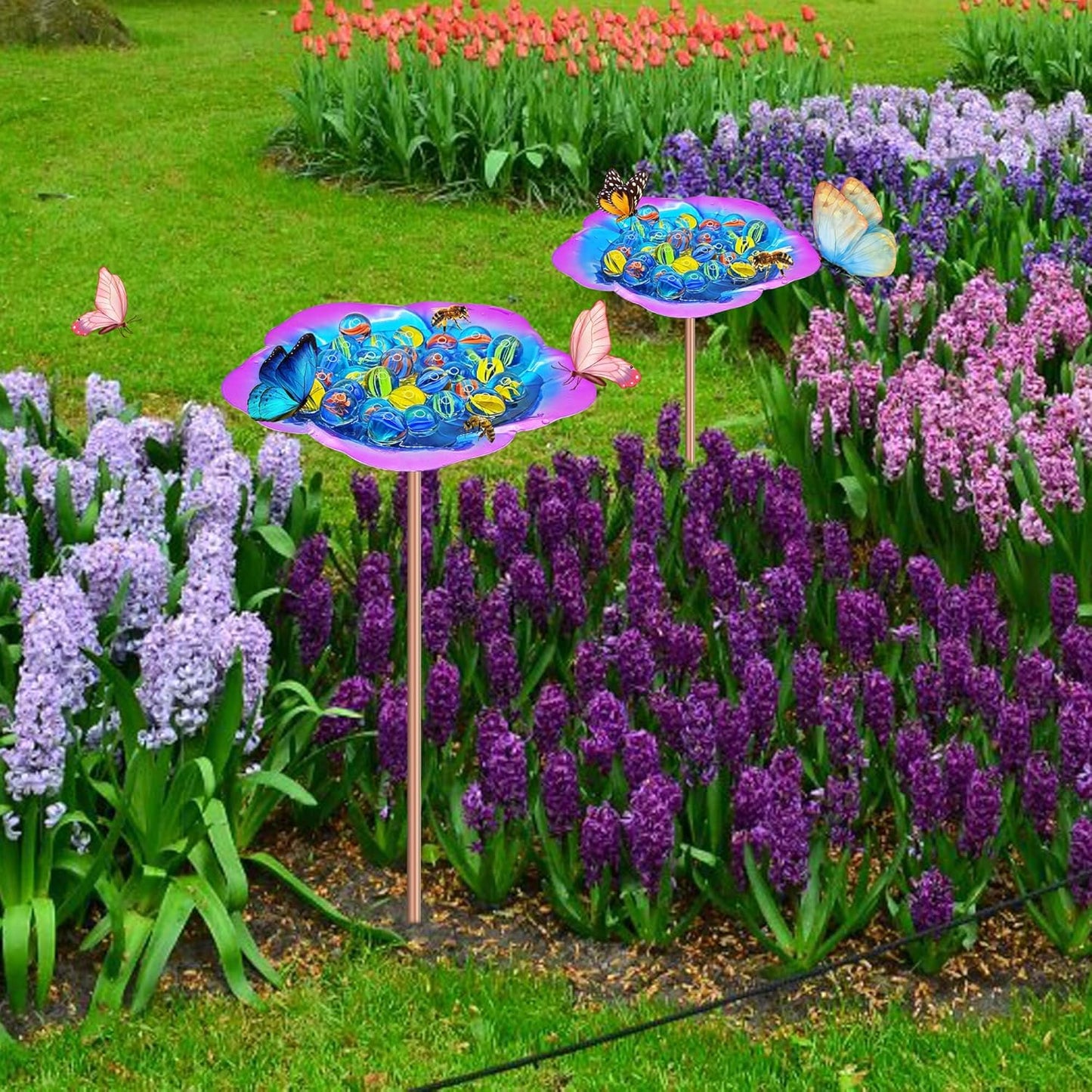 Bee Watering Station-Purple Butterfly Puddler Bee Bath & Feeder with Metal Stakes - 30 Glass Marbles, Vivid Flower Design, Garden Yard Decor (Purple-2PACK)