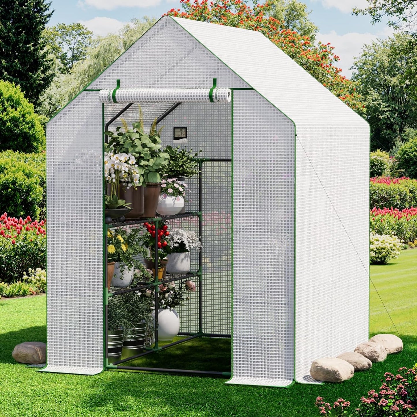 Greenhouse for Outdoors, Small Greenhouse, Walk-in Greenhouses with 3 Tiers 8 Shelves, PE Cover, Heavy Duty Plant Greenhouses for Garden and Backyard