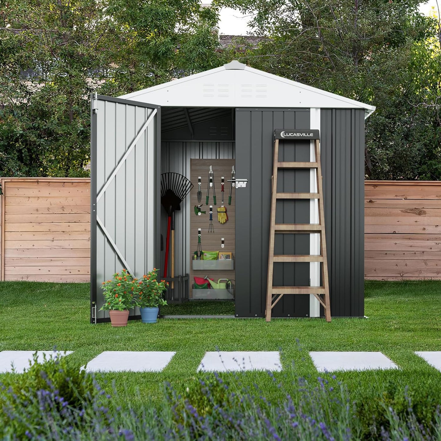 Devoko Outdoor Storage Shed 8 x 6 FT Lockable Metal Garden Shed Steel Anti-Corrosion Storage House with Single Lockable Door for Backyard Outdoor Patio (Gray)